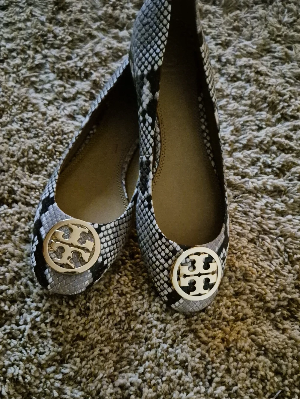 Tory Burch Black & White Snake-Print Reva small heels with Gold Logo
